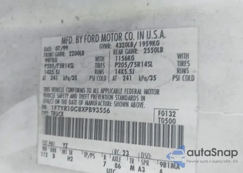 1999 Ford Ranger Xl/Xlt из США, поврежденный, VIN 1FTYR10C8XPB93556